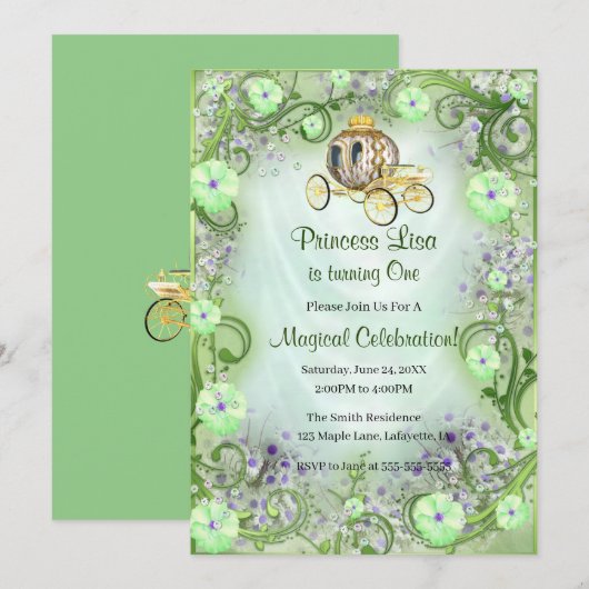 Invitation Princesse Florale verte enchantée 1er anniversaire (Devant / Derrière)