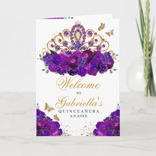 Invitation Princesse Florale Violet Tiara Quinceanera Program (Devant)