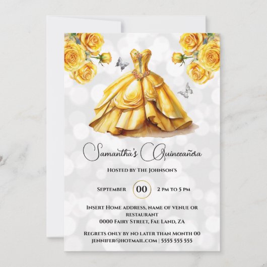 Invitation princesse Jaune Quinceañera imaginaire lune roses (Devant)