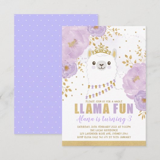 Invitation Princesse Llama Anniversaire / Purple Gold Fiesta  (Devant / Derrière)