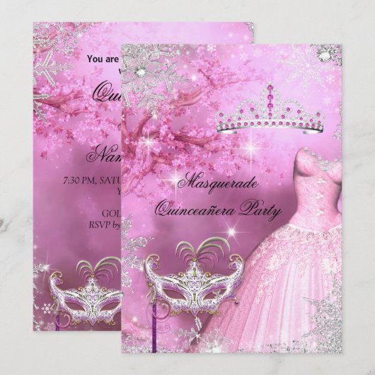 Invitation Princesse Magique Quinceanera Masquerade Rose 2 (Devant / Derrière)