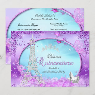 Invitation Princesse Magique Quinceanera Purple Turquoise Ble