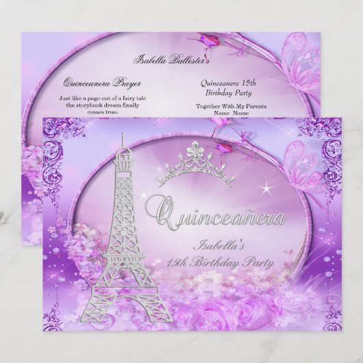 Invitation Princesse Magique Quinceanera violet rose Tiara (Devant / Derrière)