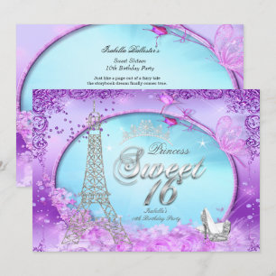 Invitation Princesse Magique Sweet 16 Violet Bleu Turquoise
