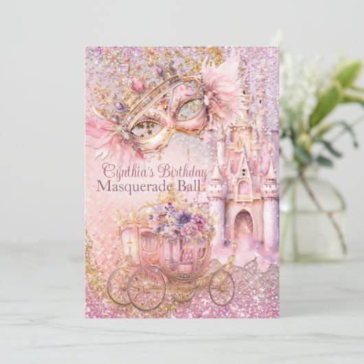 Invitation Princesse Masquerade Fairytale fête d'anniversaire (Debout devant)