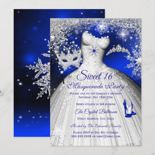 Invitation Princesse Masquerade Sweet 16 Royal Blue Silver (Devant / Derrière)