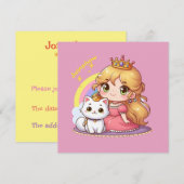 Invitation Princesse mignonne personnalisable avec chat blanc (Devant / Derrière)