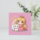 Invitation Princesse mignonne personnalisable avec chat blanc (Debout devant)