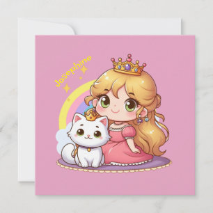 Invitation Princesse mignonne personnalisable avec chat blanc