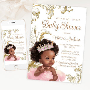 Invitation Princesse noire Baby Shower Rose Gold