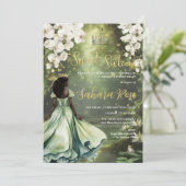 Invitation Princesse noire et grenouille Sage Vert robe douce (Debout devant)