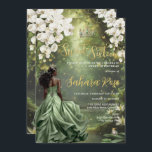 Invitation Princesse noire et grenouille Sage Vert robe douce<br><div class="desc">Personnalisez cette enchanteresse invitation Sweet 16 anniversaire facilement et rapidement. Cliquez simplement sur le bouton Modifier à l'aide des outils de conception pour modifier le texte, modifier les styles de police et les couleurs de police. Doté d'une fille noire habillée d'une robe verte sage, d'un prince de grenouille, d'une belle...</div>