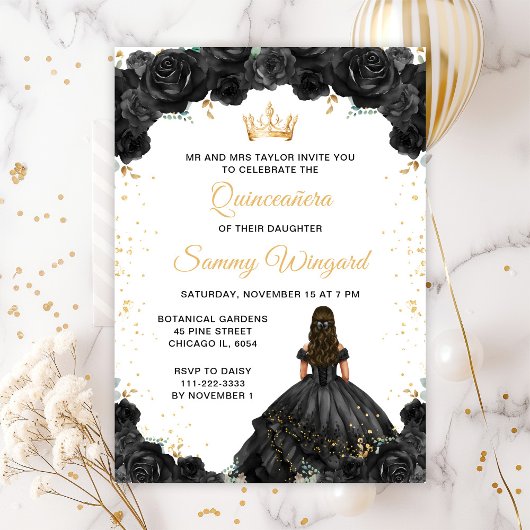 Invitation Princesse noire Floral Quinceañera