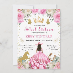 Invitation Princesse occidentale brune en robe rose Sweet 16