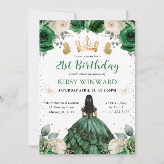 Invitation Princesse occidentale robe verte anniversaire (Devant)