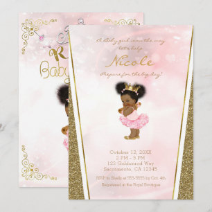 Invitation Princesse Pailletée Or Rose Vintage Bébé Fille Noi