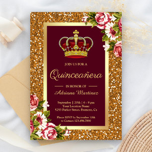 Invitation Princesse Paillettes Or Burgundy Floral Quinceaner