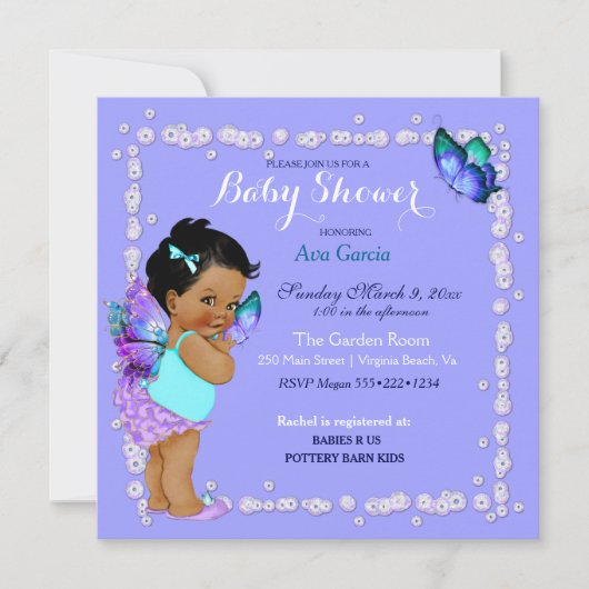 Invitation Princesse Papillon Bébé Fille Violet Turquoise (Devant)