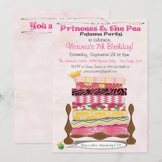 Invitation Princesse & Pea Pajama fête d'anniversaire (Devant / Derrière)