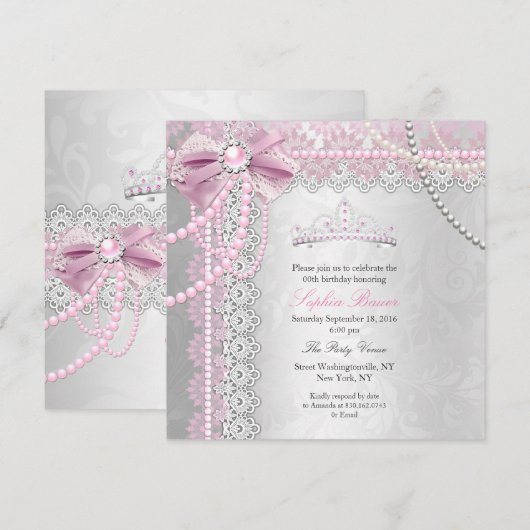 Invitation Princesse Perle Rose Arc Dentelle Argent Fête d'an (Devant / Derrière)