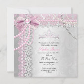 Invitation Princesse Perle Rose Arc Dentelle Argent Fête d'an (Devant)