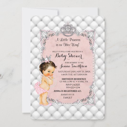 Invitation Princesse Perles Roses Diamants Bébé Fille (Devant)