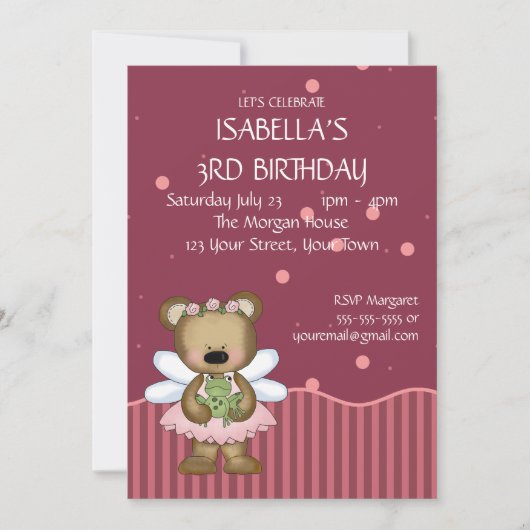 Invitation Princesse personnalisable de fée de rose d'ours de (Devant)
