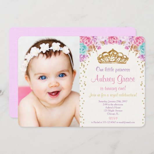 Invitation Princesse photo d'anniversaire rose or violet (Devant / Derrière)