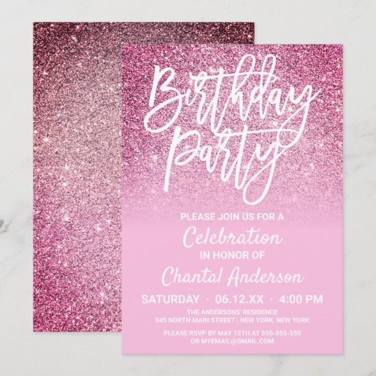 Invitation Princesse Pink Faux Parties scintillant Ombre Anni (Devant / Derrière)