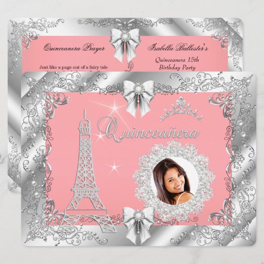 Invitation Princesse Pink PEACH Quinceanera Silver Photo BIG (Devant / Derrière)