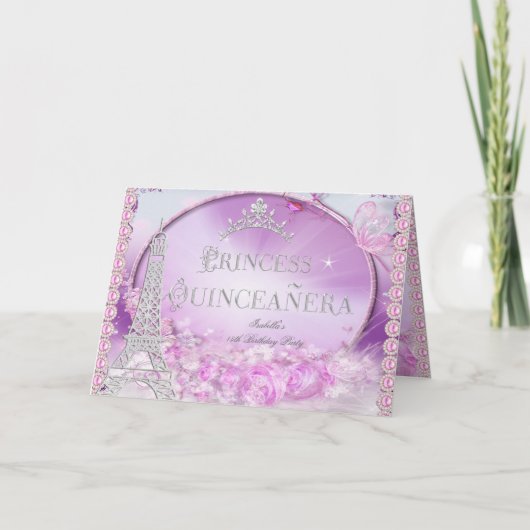 Invitation Princesse pliée Quinceanera Magique rose violet (Devant)