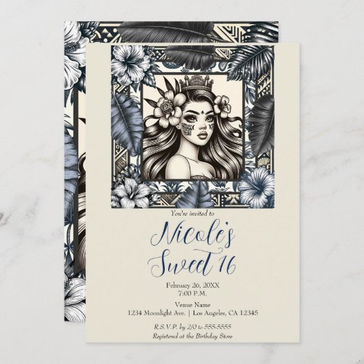 Invitation Princesse Polynésienne Fleurs Bleues Tribales Swee (Devant / Derrière)