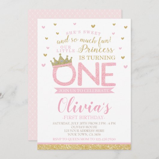 Invitation Princesse Premier anniversaire (Devant / Derrière)