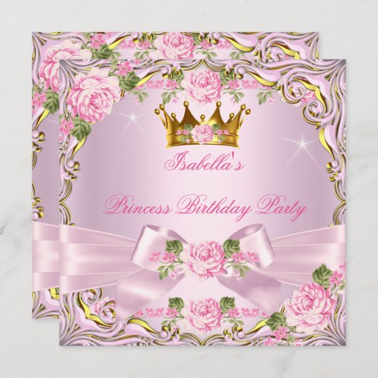 Invitation Princesse Pretty Blush Roses Rose Or Anniversaire (Devant / Derrière)