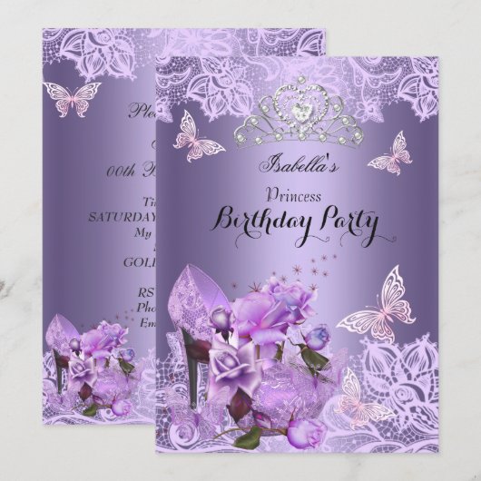 Invitation Princesse Purple Lilac Haut Rose de talon Annivers (Devant / Derrière)