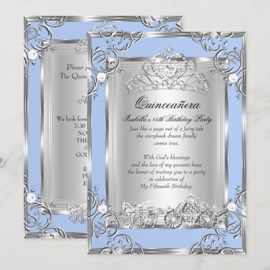 Invitation Princesse Quinceanera 15e anniversaire Blue Silver (Devant / Derrière)