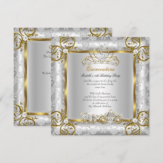 Invitation Princesse Quinceanera 15e anniversaire Gold Silver (Devant / Derrière)