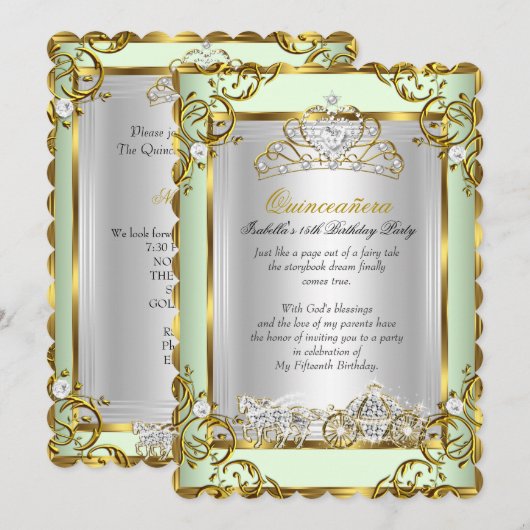 Invitation Princesse Quinceanera 15e anniversaire Mint Green (Devant / Derrière)