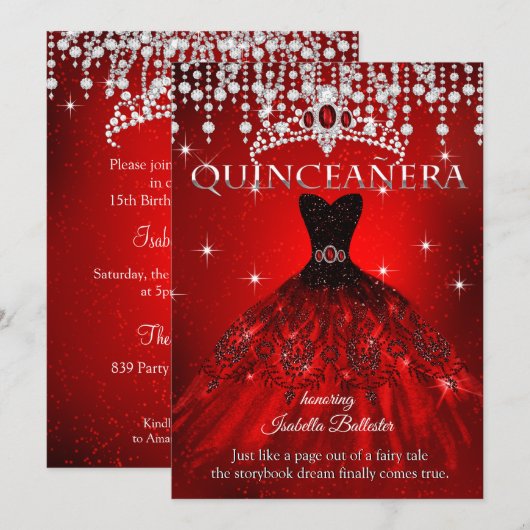 Invitation Princesse Quinceanera 15e anniversaire Red Tiara (Devant / Derrière)