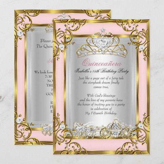Invitation Princesse Quinceanera 15e Anniversaire rose (Devant / Derrière)