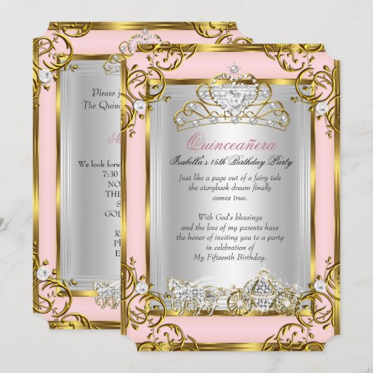 Invitation Princesse Quinceanera 15e Anniversaire rose (Devant / Derrière)