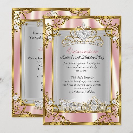 Invitation Princesse Quinceanera 15e Anniversaire rose Peach (Devant / Derrière)