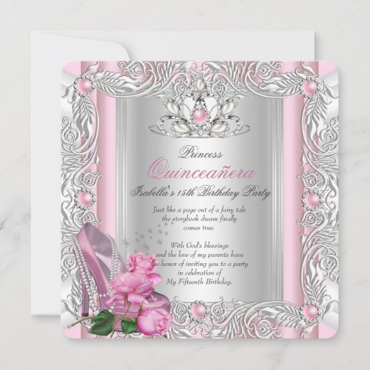 Invitation Princesse Quinceanera 15e anniversaire Rose rose (Devant)