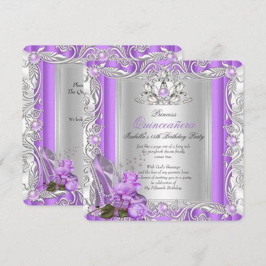 Invitation Princesse Quinceanera 15e anniversaire Rose violet (Devant / Derrière)