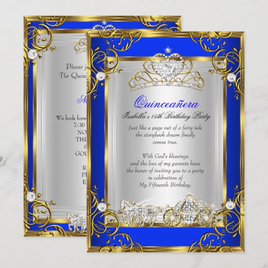 Invitation Princesse Quinceanera 15e anniversaire Royal Blue (Devant / Derrière)