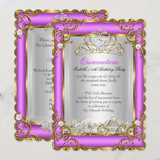 Invitation Princesse Quinceanera 15e anniversaire violet rose (Devant / Derrière)