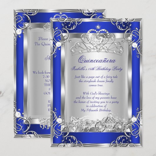 Invitation Princesse Quinceanera 15e partie Deep Blue Silver (Devant / Derrière)