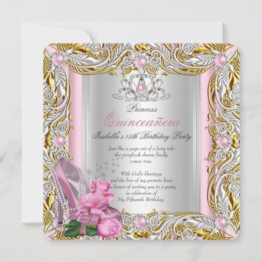 Invitation Princesse Quinceanera Anniversaire Rose Or (Devant)
