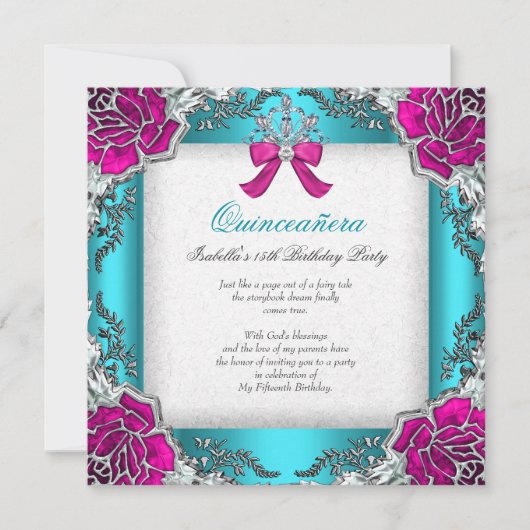Invitation Princesse Quinceanera Aqua rose Turquoise 15e anni (Devant)