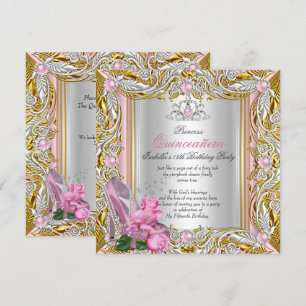 Invitation Princesse Quinceanera Argent Rose Doré